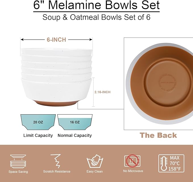 Webbylee 6-inch Melamine Bowls set of 6-20-ounce Dinnerware Cereal Bowls for Soup, Salad & Dessert | Dishwasher Safe & Space Saving (White/Brown)