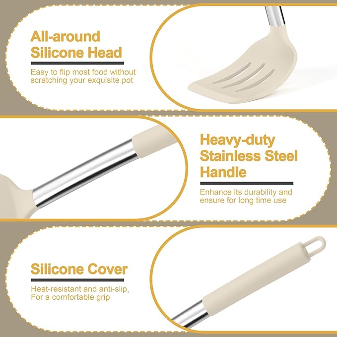 P&P CHEF Khaki Kitchen Cooking Utensil Set of 4, Silicone Solid Spatulas Slotted Spoons Turners for Non-stick Cookware Flipping Mixing, Heat-proof