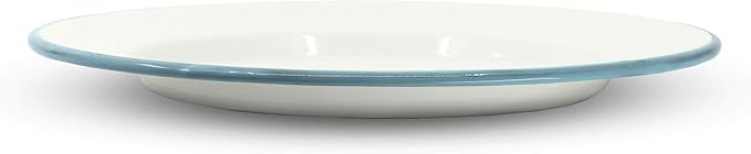 Red Co. Set of 4 Enamelware Metal Classic 10" Round Dinner Plate, Solid White/Teal Rim