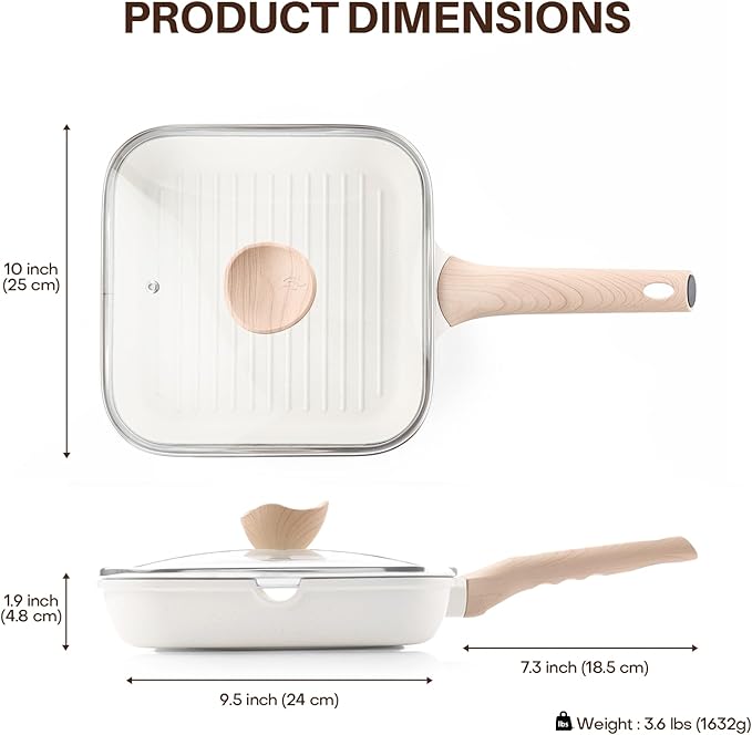 Nonstick Grilling Pan with Lid for Stove Tops, 9.5 Inch Square Grill Pan for Indoor Cooking, Healthy Coating Grill Skillet with Pour Spouts, Versatile Griddle, Induction Steak Pan, White