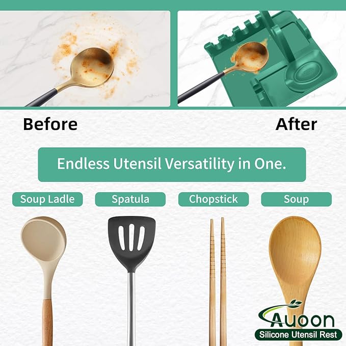 AUOON Spoon Holder for Stove - Silicone Spoon and Lid Rest with Drip Pad Kitchen Utensil Rest for Spoons, Ladles, Spatulas, Tongs & More (Sea Blue, Large)