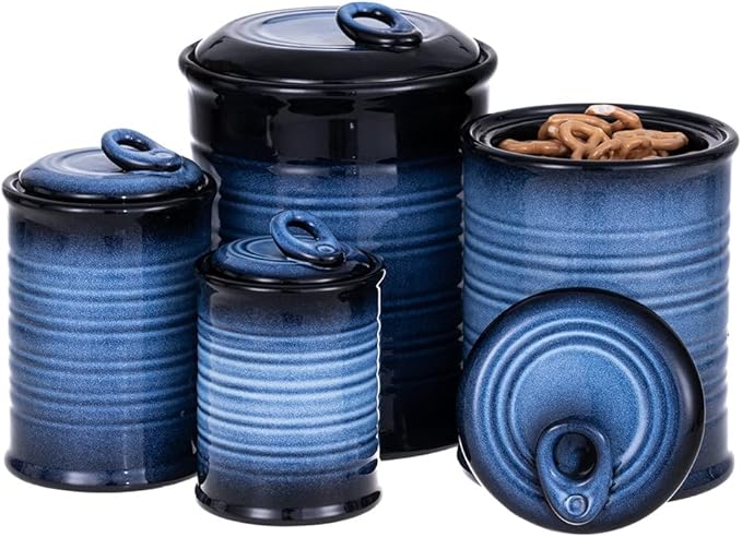 Nihow Food Storage Jar Sets: Ceramic Container with Air Tight Lid for Flour/Sugar/Rice/Coffee/Cookies/Candy - Seal Damp-proof Canister for The Kitchen Counter - Set of 4 (Blue & Black)