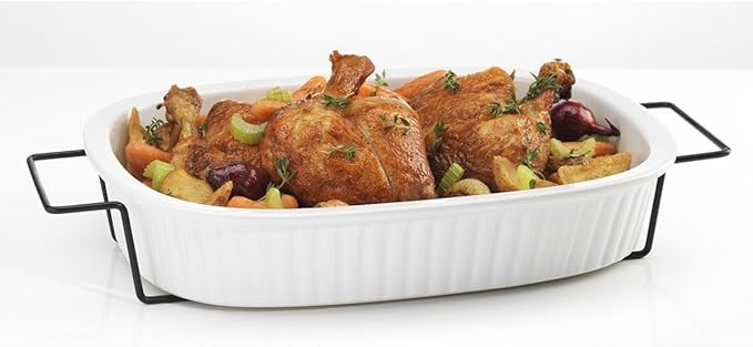 Oven to Table White Casserole Porcelain Baking Dish with Iron Rack, Nonstick Large Rectangular Meal Prep Cookware Dish, 1-Quart Baker Ovenproof Pan