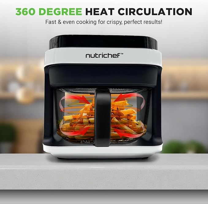Nutrichef 5.8 Quart Air Fryer | 8-1 Preset Cook Modes | Transparent Fry Bowl for Best Cooking Results | Cook Shrimp, Steak, Fries, Wings, Chicken & More | Precise Temperature Control & Time | White
