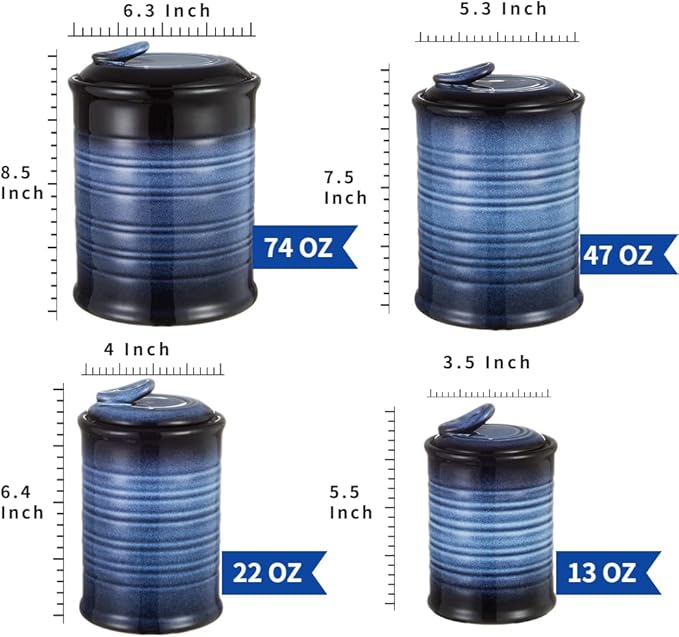 Nihow Food Storage Jar Sets: Ceramic Container with Air Tight Lid for Flour/Sugar/Rice/Coffee/Cookies/Candy - Seal Damp-proof Canister for The Kitchen Counter - Set of 4 (Blue & Black)