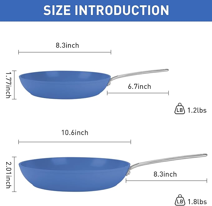 MsMk Ceramic Nonstick 8-inch and 10-inch Frying Pan Set, No PFAS & PTFE & PFOA, Stainless Steel Handle, Dishwasher & Oven Safe,Blue
