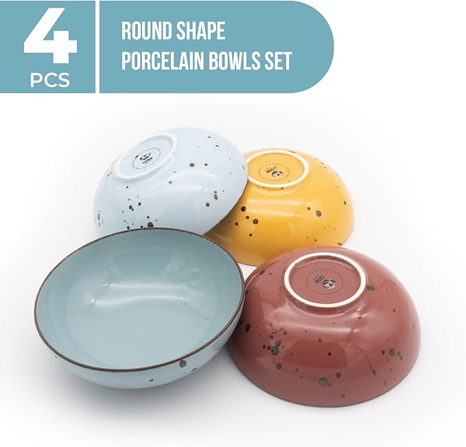 Esfour Round Porcelain Bowls - 18 Ounce - Set of 4 - Microwave, Oven, Dishwasher-Safe, Scratch Resistant, Porcelain Durable Small Dishes Bowls for Cereal, Salad, Pasta, Soup, Dessert - Assorted Vivid