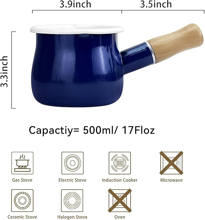 Enamel Milk Pot, Small Enamel Saucepan Milk Pot Butter Warmer 4 Inch 17 Oz Enamel Small Sauce Pan with Wooden Handle, Perfect Size for Heating Smaller Liquid Portions. (Blue)