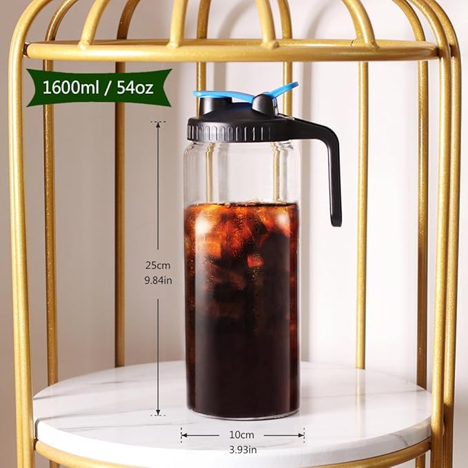 Glass Mason Jar Pitcher with Lid,V-shaped Pour Spout - 1800ml Breastmilk Pitcher for Ice Tea, Cold Brew Coffee, Fridge Water, Breast Milk, Juices, Leak Proof