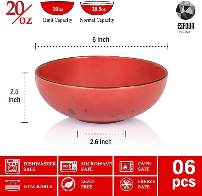 Esfour Round Porcelain Bowls - 18 Ounce - Set of 6 - Microwave, Oven, Dishwasher-Safe, Scratch Resistant, Porcelain Durable Small Dishes Bowls for Cereal, Salad, Pasta, Soup Dessert - Assorted Vivid