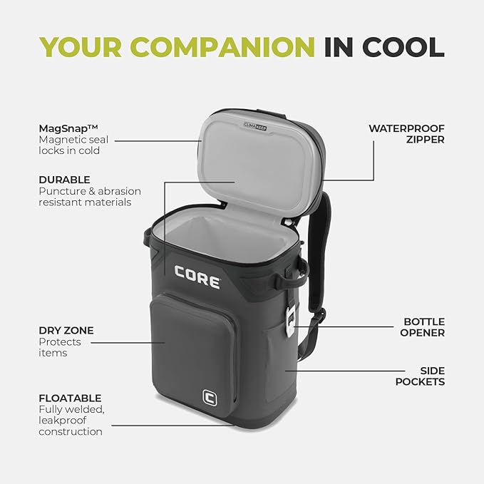 CORE Magnetic Leak Proof Soft Cooler with Waterproof Zipper | Insulated Bag Portable Ice Chest Box | Best Soft Cooler for Food & Beverages for Tailgating, Car Camping, Travel, and Family Beach Picnics