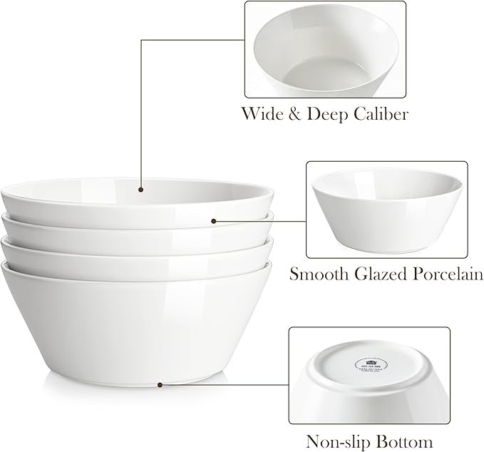 MALACASA Large Salad & Soup Bowls - Set of 4, 60 OZ Porcelain White Bowls for Ramen, Pasta, Pho - Microwave & Dishwasher Safe