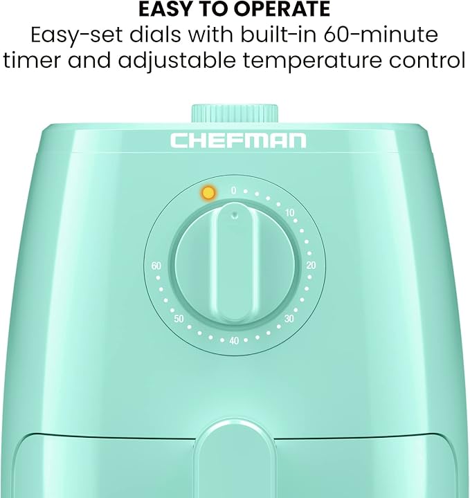 Chefman TurboFry 2-Quart Air Fryer, Dishwasher Safe Basket & Tray, Use Little to No Oil For Healthy Food, 60 Minute Timer, Fry Healthier Meals Fast, Heat And Power Indicator Light, Temp Control, Mint