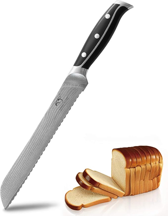 Damascus Kitchen Knife, 8 Inch Serrated Bread Knife Professional Kitchen Knife Forged with VG10 Super Steel 67-Layer, Non-slip ABS Ergonomic Triple Rivet Handle, Razor Sharp Lightweight Multipurpose