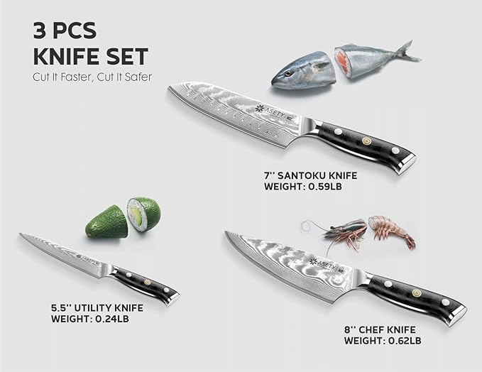 Damascus Kitchen Knife Set 3 PCS: NSF Food-Safe Japanese Knives with VG10 Steel Core, Ultra-Sharp Professional Chef Knife Set and Full Tang G10 Handle, Elegant Box