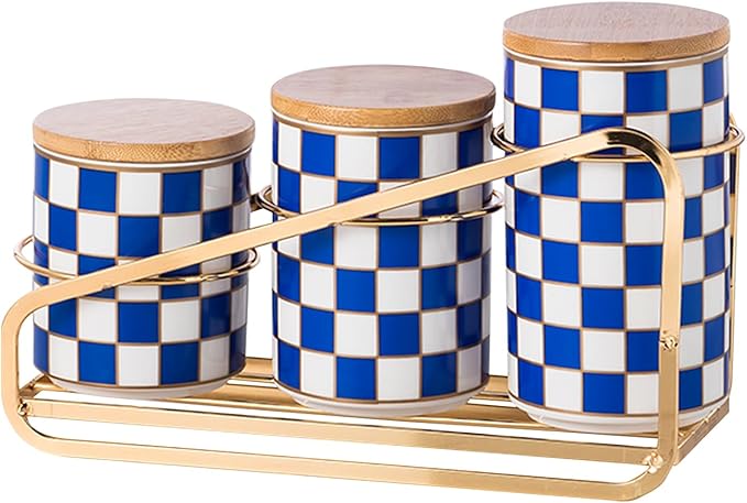 Kitchen countertop ceramic grid pattern airtight jar set - a set of 3 kitchen jars with layered shelves, sealed countertop flour and sugar containers, coffee and tea storage (Blue)