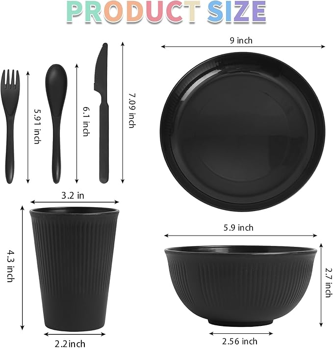 36 pcs Wheat Straw Dinnerware Sets, DAPIPIK Unbreakable Reusable Dinnerware Set, Kitchen Cups Plates and Bowls Sets Dishwasher Microwave Safe Plates (Black)