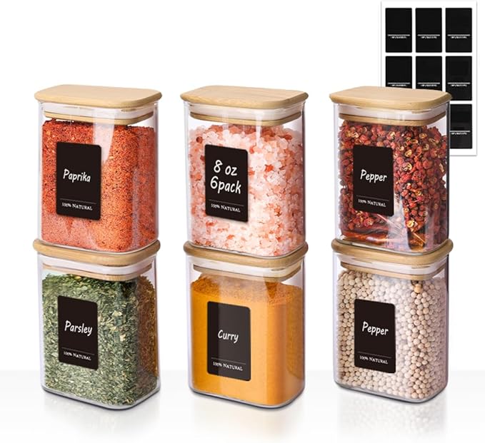 Comsaf Spice Jars with Label,8 oz Small Glass Jars with Lids, 6 Pcs Seasoning Containers, Rectangle Glass Containers with Lids, Empty Seasoning Jars for Pantry Storage, Loose Tea, Herbs, Powders, Salt