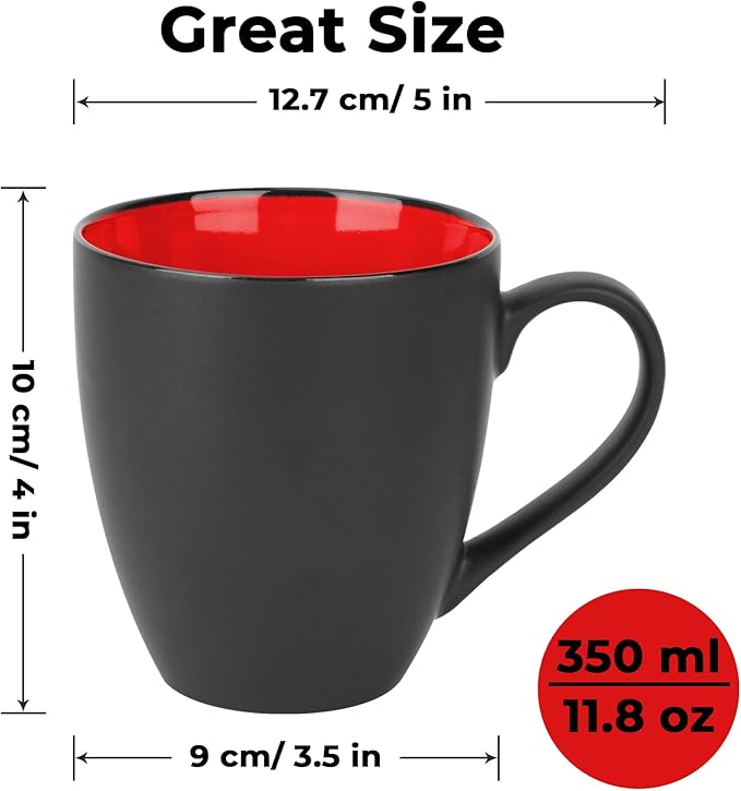MIAMIO - Set of 6 Stoneware Coffee Mugs 12 Ounce/Cup Set - Le Papillon Collection (Black-Red)
