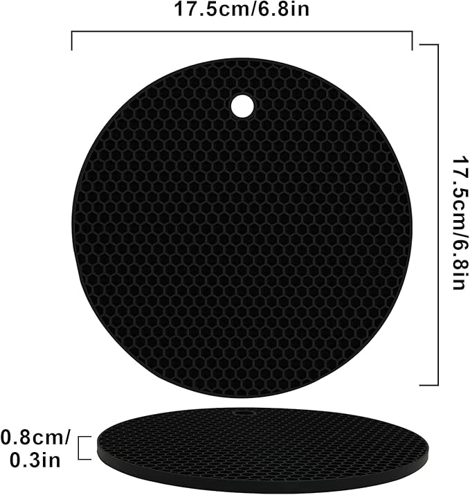 4 Pack Silicone Trivets for Hot Pots and Pans, Pot Holders Hot Pads, Non-Slip & Heat Resistant Silicone Mats for Kitchen Counter, Soft Durable Drying Mat, Jar Opener and Coasters (2 Black+2 Dark Grey)