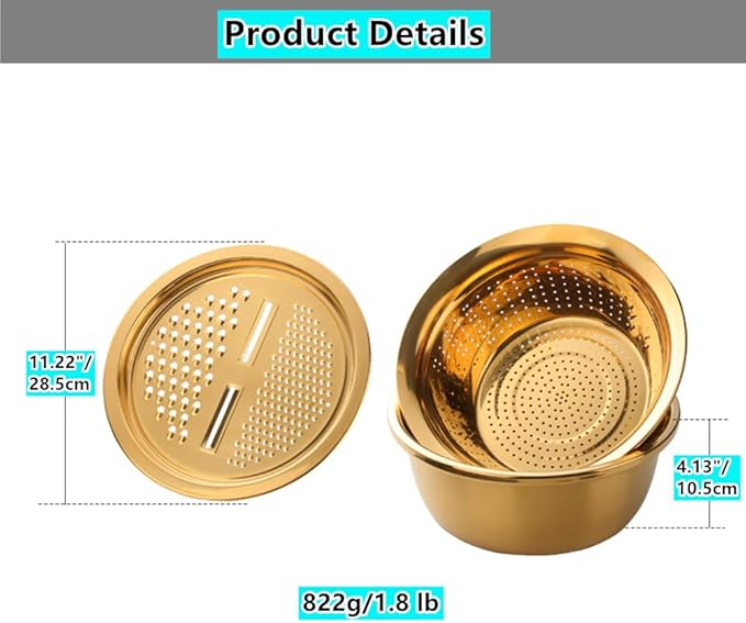 3PC/Set Colander set Stainless Steel Vegetable Slicer Fruit Potato Peeler Carrot Grater Strainer Utensil Round Rice Washer Bowl Drain Basket-Gold