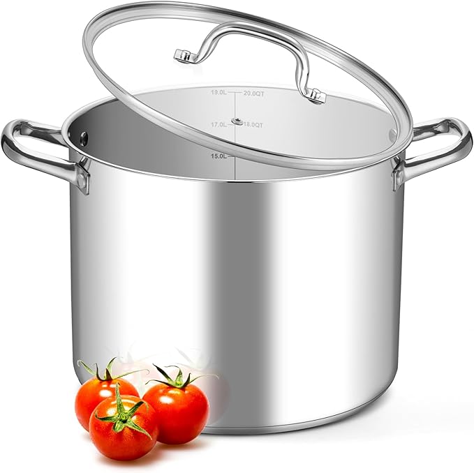 Leonyo 20QT Stock Pot, 18/10 Stainless Steel Soup Pot With Lid, Heavy Duty Stockpot Compatible with All Stoves, Food Grade Cookware for Pasta, Seafood, Spaghetti, Non Stick & Tri-Ply Base