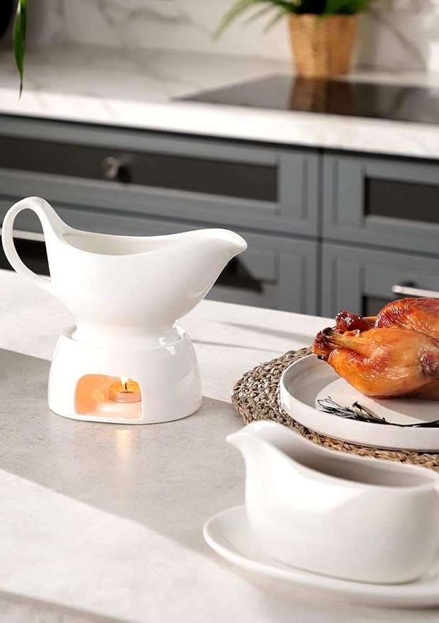 Nucookery Classic 17 Oz Gravy Boat with Warmer, White Fine Porcelain Saucier With Big Dripless Lip Spout, Bowl For Thanksgiving, Warming Sauces, Salad Dressings, Microwave & Freezer Safe(Set of 2)