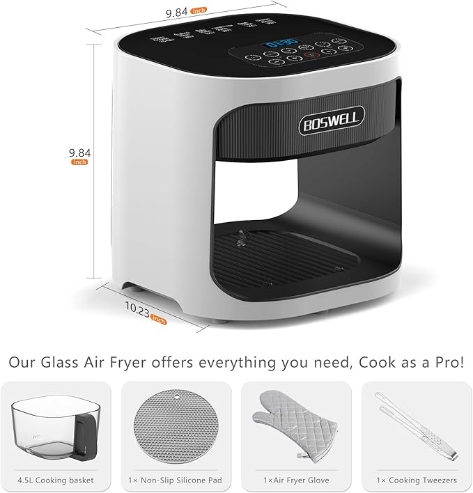 BOSWELL 4.5QT Glass Air Fryer - 6-in-1 with Transparent Bowl | Circulating Air for Crispy Results | Bake, Broil, Air Fry | Temperature Control, Dishwasher Safe (White)