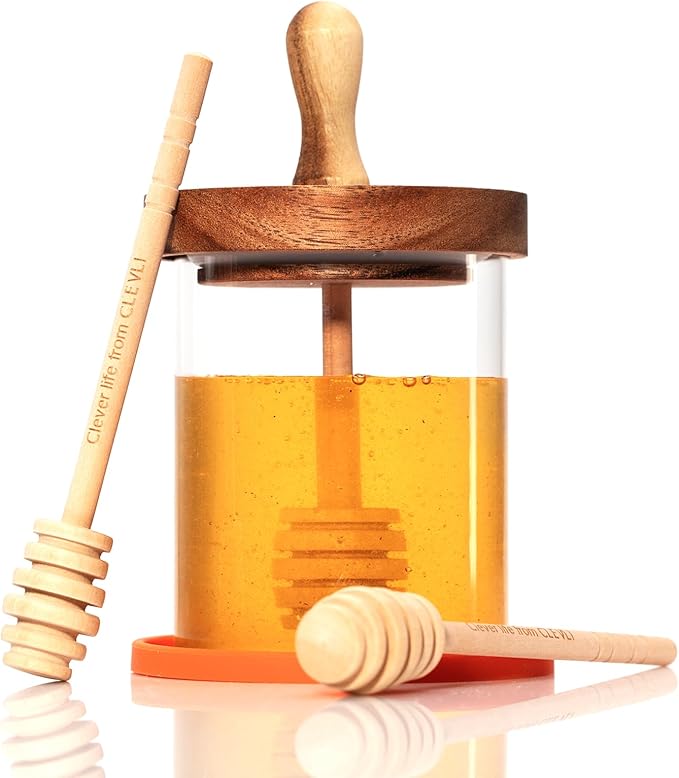 12 oz Honey Pot Set with Silicone Mat, Airtight Wooden Lid, 2 Extra Dippers & Custom Gift Box | Glass Container Honey Jar for Honey & Syrup | Durable & Stylish Kitchenware Food Storage