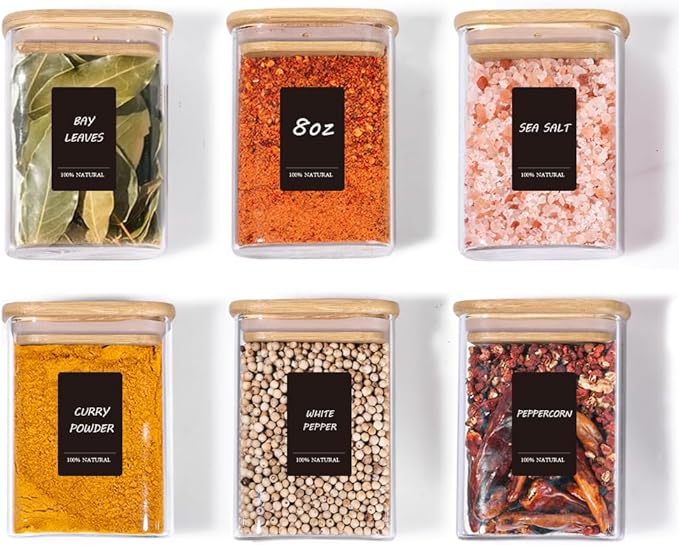 Comsaf Spice Jars with Label,8 oz Small Glass Jars with Lids, 6 Pcs Seasoning Containers, Rectangle Glass Containers with Lids, Empty Seasoning Jars for Pantry Storage, Loose Tea, Herbs, Powders, Salt