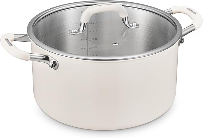 6 Quart Pot with Lid, BEZIA Tri-Ply Stainless Steel Stock Pots, Large Cooking Pots with Silicone Handle, Soup Pot for Induction Cooktop, Compatible with All Cooktops, Dishwasher Safe
