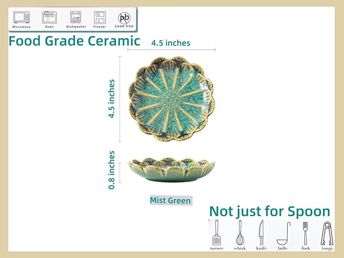 Ceramic Spoon Rest for Stove Top, Flower Cute Spoon Rest for Kitchen Counter, Cooking Spoon Holder for Kitchen Counter, Utensil Rest Spatula Rest Ladle Holder Tong Rest, 1 PC (Retro, Mist Green)