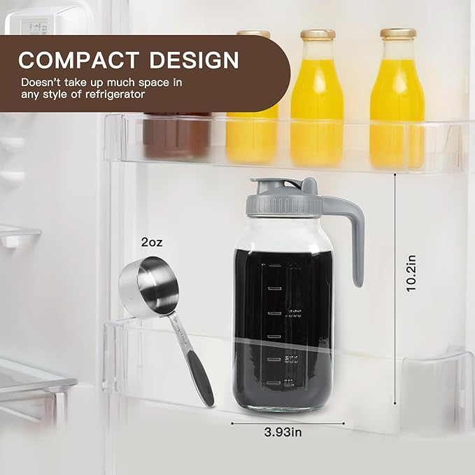 Cold Brew Coffee Maker Pitcher, 64 OZ Heavy Duty Glass Wide Mouth Mason Jar Pour Spout Airtight Lid with Stainless Steel Infuser Filter for Iced Coffee, Ice Tea, Brewed Making