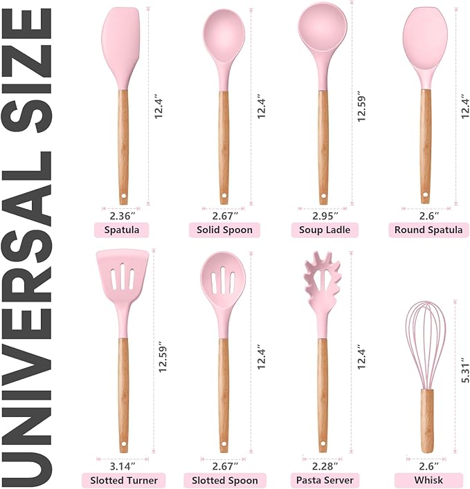 P&P CHEF Silicone Cooking Utensils Set, 8-Piece Kitchen Cooking Utensil with Wooden Handle, Silicone Spatula for Nonstick Cookware, Heat-proof & Easy Clean, Pink