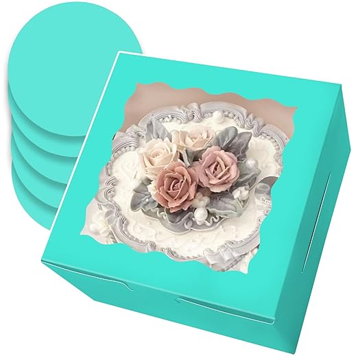 qiqee 8x8x5 Cake Box, 18 Sets Mint Blue Cake Box with Window & 18 Sets 8" Mint Blue Cake Round Boards, 8inch Cake Containers