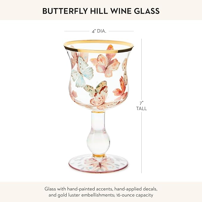 MACKENZIE-CHILDS Stemmed Wine Glass, Decorative Wine Glassware, 16 Ounces, Butterfly Hill