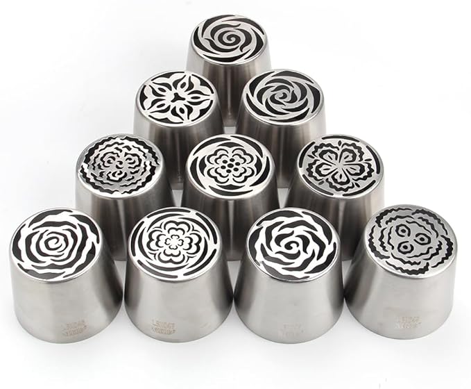 10 Pieces Extra Large Stainless Steel Seamless Russian Flower Piping Tips Kit for Marshmallow Bouquet,Cake Decorating Floral Icing Nozzles Set, 10 Icing Nozzles with 1 Clean Brush,1 Pastry Bag(XXL,A)
