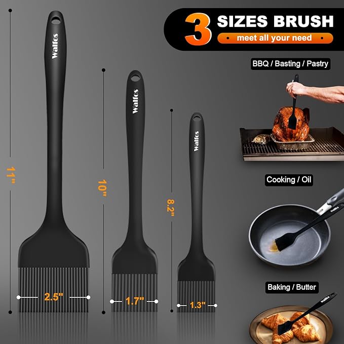 Walfos 3 Size Basting Brush, High Heat Resistant Silicone Pastry Brushes for Barbecue, Baking, Kitchen Cooking, Desserts- Strong Stainless Steel Core Technology