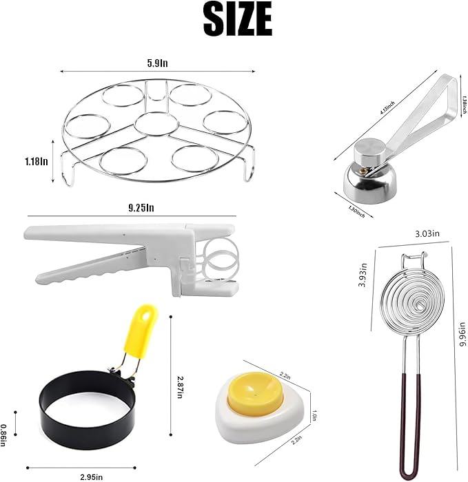 11 Pcs egg peeler tools for hard boiled eggs and Frying Eggs, Cooked eggs and a shell remover kit with 4 Egg Rings, 2 Egg Piercers, 1 Egg Cracker, 1 Egg Cutter, 1 Egg Separator, 1 Egg Steaming Rack.