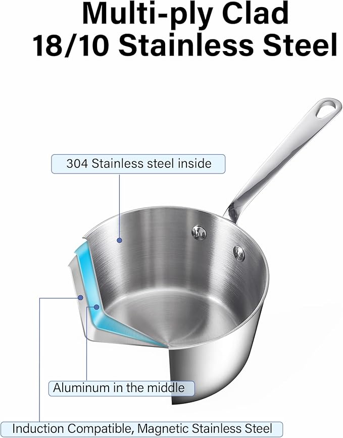D&M Butter Warmer 0.14 Quart, Multi-Ply Clad Stainless Steel Milk Frother and Chocolate Melting Pot, Small Saucepan for Induction Stovetop, Coffee, Butter, Syrup