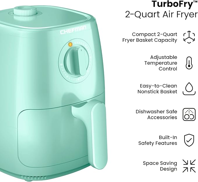 Chefman TurboFry 2-Quart Air Fryer, Dishwasher Safe Basket & Tray, Use Little to No Oil For Healthy Food, 60 Minute Timer, Fry Healthier Meals Fast, Heat And Power Indicator Light, Temp Control, Mint