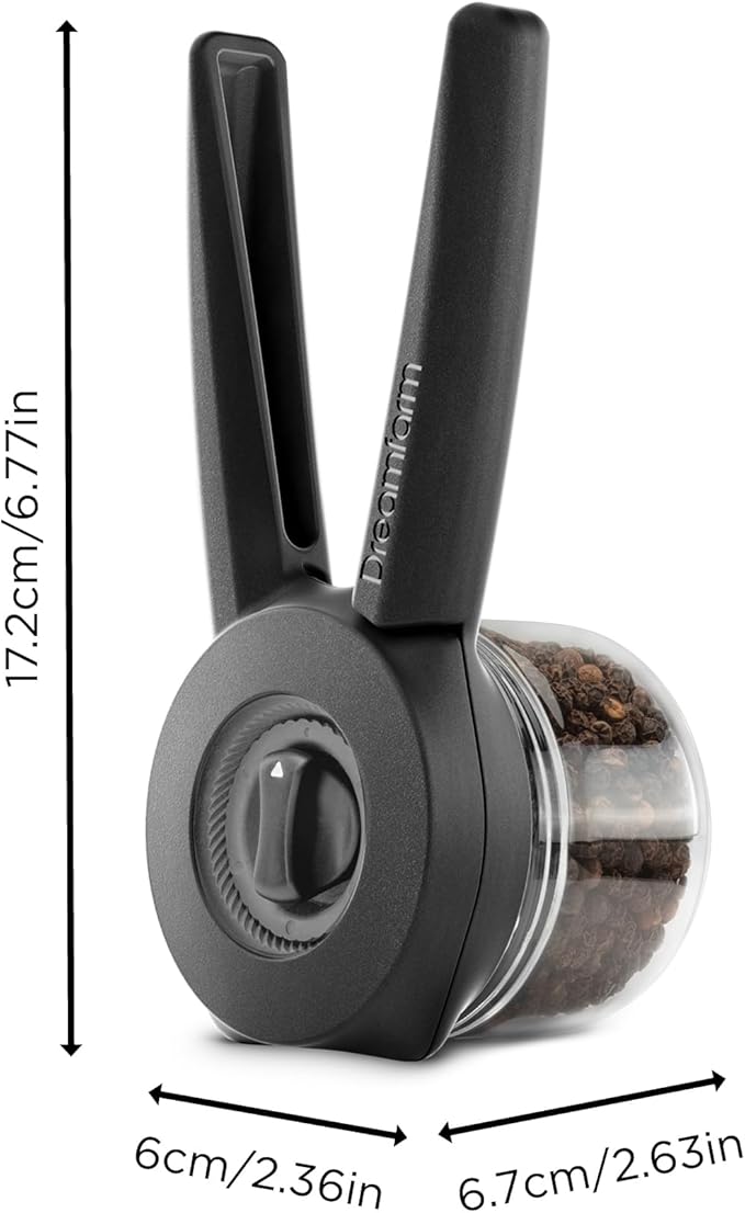 Dreamfarm Ortwo Lite Original Ergonomic, 1-or-2-Handed Re-Fillable Salt, Pepper, Spice, Seed, Coffee Mill with 6 Grind Settings - 2oz Black
