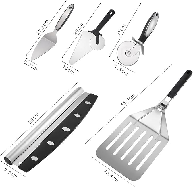 5PCS Pizza Cutter Pizza Peel Pizza Pan Set, Pizza Tool Set for Pizza Cutting And Transfer, Includ Roller Pizza Shovel, Pizza Shovel, Pizza Wheel, Pizza Cutter, Stainless Steel Large Leakage Shovel