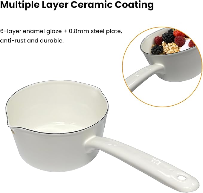 Enamel Milk Pan, 1.2L Mini Butter Warmer, Enamelware Saucepan Pan with Pour Spout, Nonstick Enamel Milk Pot, Butter Melting Pot for Induction Electric Gas Stoves