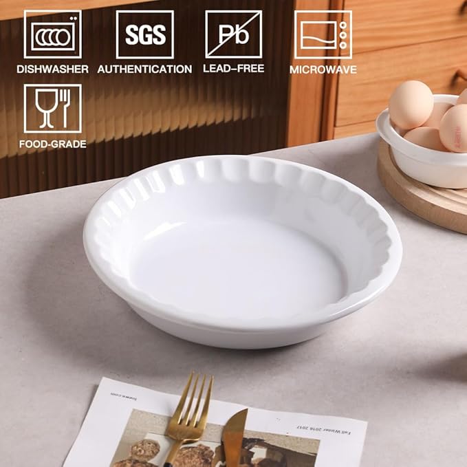Sweejar Ceramic 10.4 Inch Pie Pan, Deep Porcelain Round Dish, Non-Stick Baking Plate for Pumpkin and Apple Pies, Farmhouse Design (White)