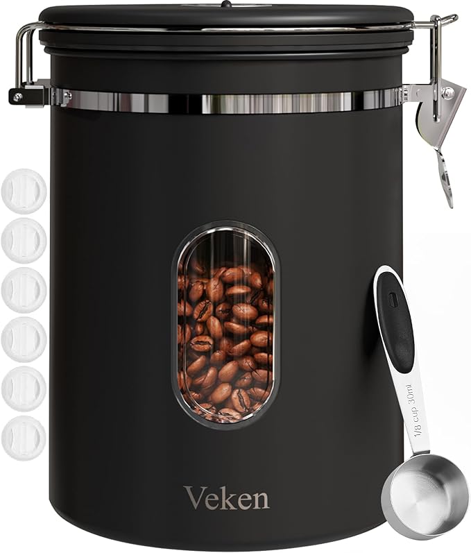 Veken Coffee Canister with Window, Airtight Stainless Steel Kitchen Food Storage Container with Date Tracker and Scoop for Grounds Coffee, Beans, Tea, Flour, Cereal, Sugar, 38&16OZ,Black