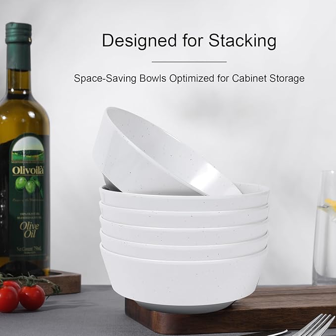 Webbylee 6-inch Melamine Bowls set of 6-20-ounce Dinnerware Cereal Bowls for Soup, Salad & Dessert | Dishwasher Safe & Space Saving(White/Grey)