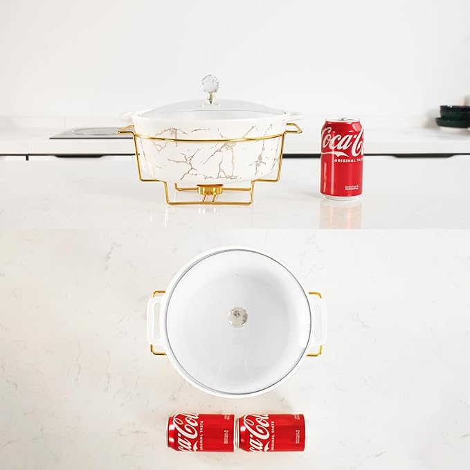 9-inch Ceramic Casserole with Glass Lid and Gold Rack, 2.6-Quart Stockpot, Buffet Hot Pot, Family Food Warming Tray, Party Catering Casserole