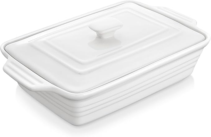 MALACASA 4.4 Quart Baking Dish With Lid, Porcelain Casserole dish with Lid, 13 x 9 Lasagna Pan Deep with Lid, Rectangular Bakeware With Handle, Microwave, Oven Safe, White, Series BAKE