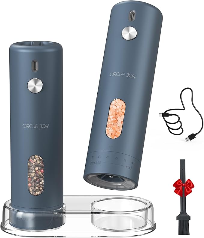 CIRCLE JOY Rechargeable Electric Salt and Pepper Grinder Set with Base, Automatic Pepper Mills with 110ml Container, External Adjustable Coarseness, White Led Light and One-Handed Operation, Blue